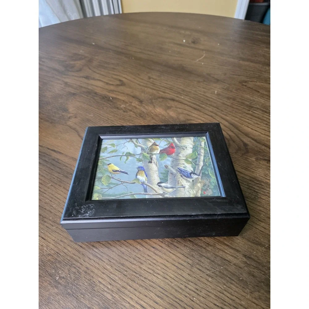 Black Lacquered Jewelry Box Iris Floral Musical‎ Lined Mirror Japan - Works